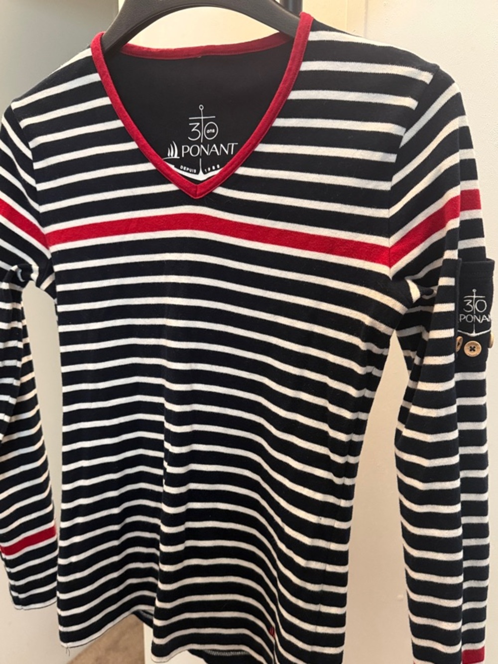 PONANT Expedition Striped V-Neck Sweater in Black, White & Red